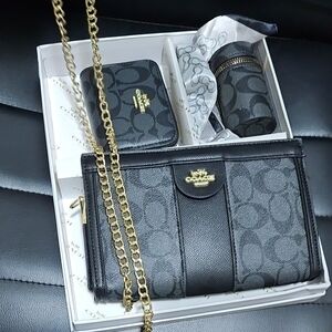 Coach Black Signature Crossbody with Gold Chain and Logo